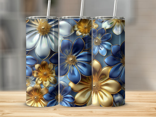 Three tumblers with a blue and gold floral pattern.