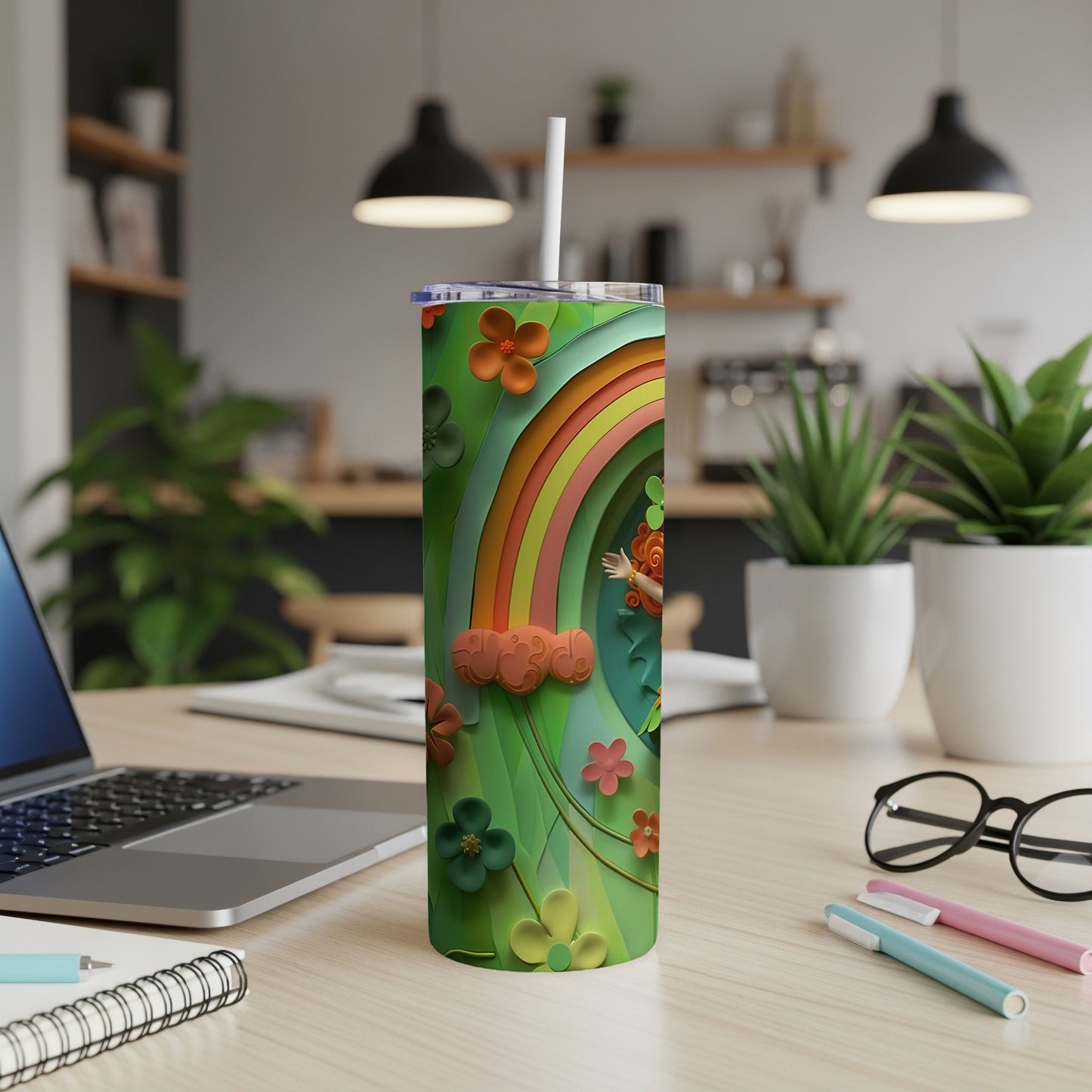 Green tumbler with rainbow, shamrocks, and flowers on a desk.