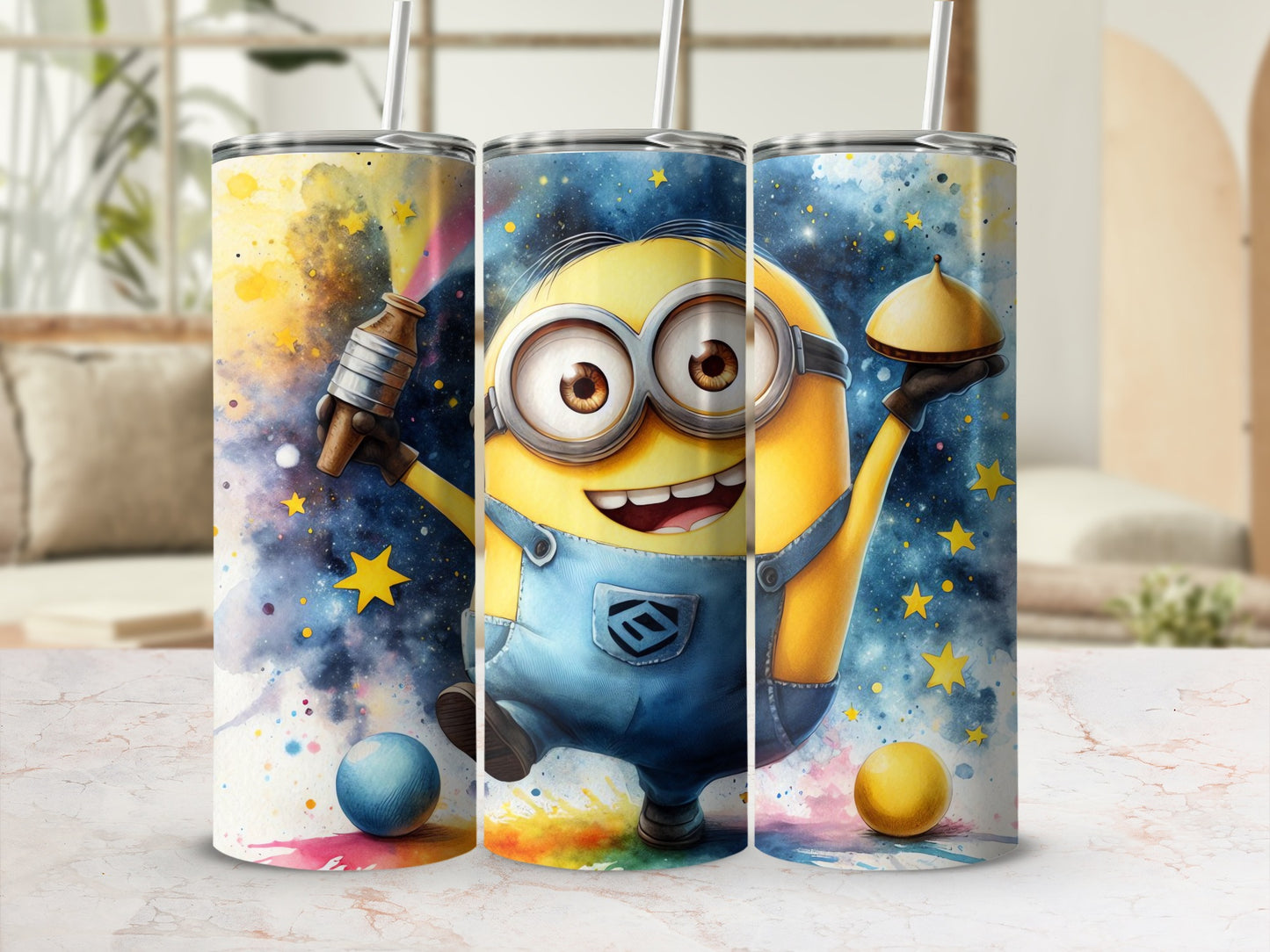 Colorful Minion Galaxy Tumbler with Stars and Planets