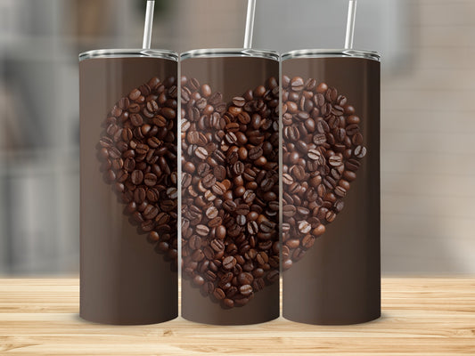 Triptych of tumblers featuring a heart made of coffee beans.