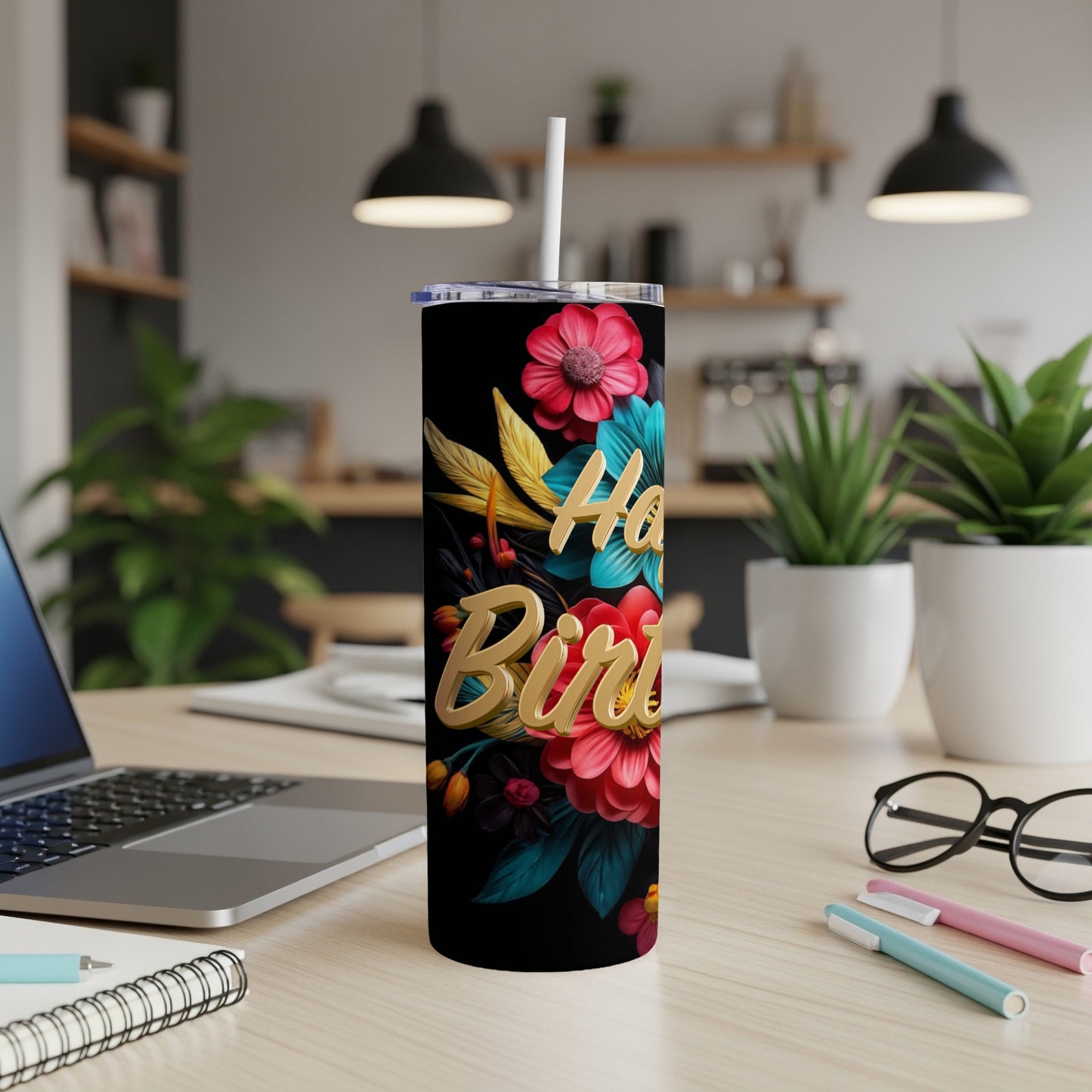 Black tumbler with "Happy Birthday" text and floral design.