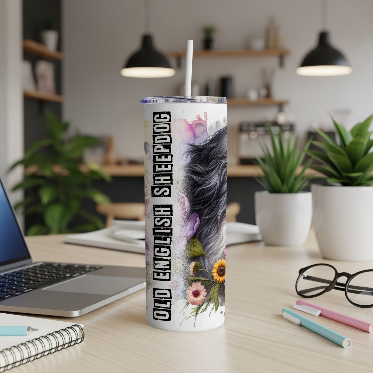 Tumbler featuring Old English Sheepdog artwork with floral accents.
