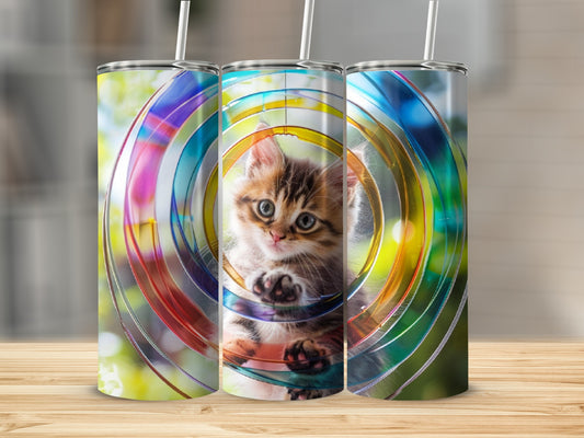 Kitten peeking through a colorful circular tunnel.