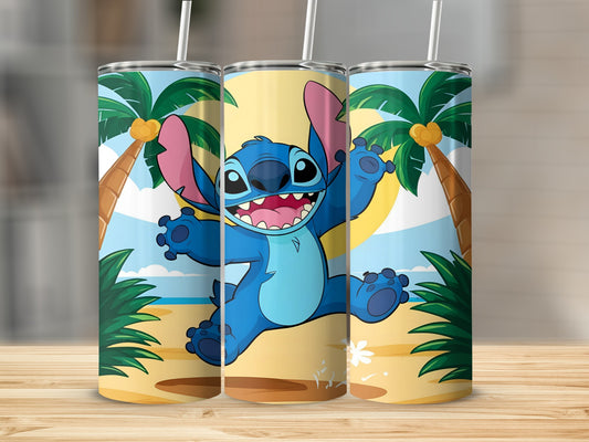 Cartoon Stitch character jumping on a beach with palm trees.