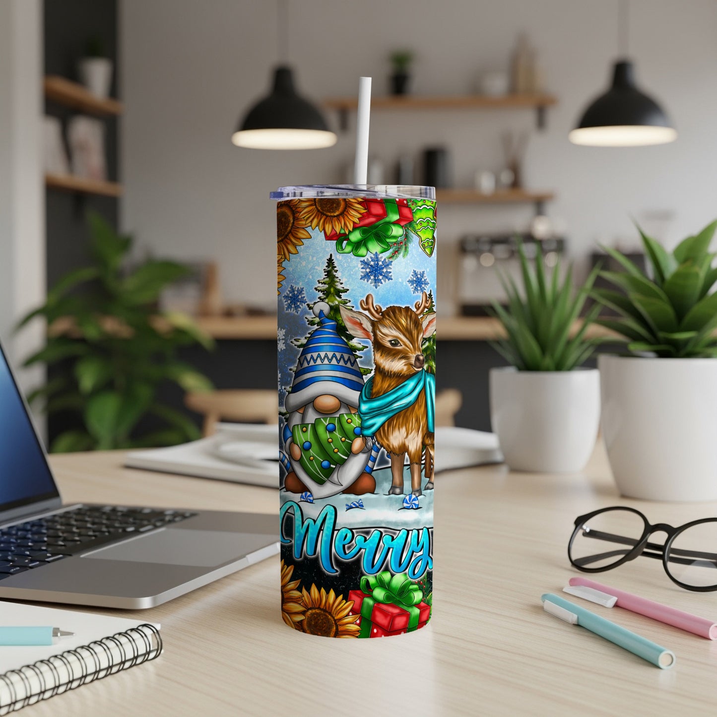 Tumbler with gnome, deer, snowflakes, and sunflowers with "Merry" text.