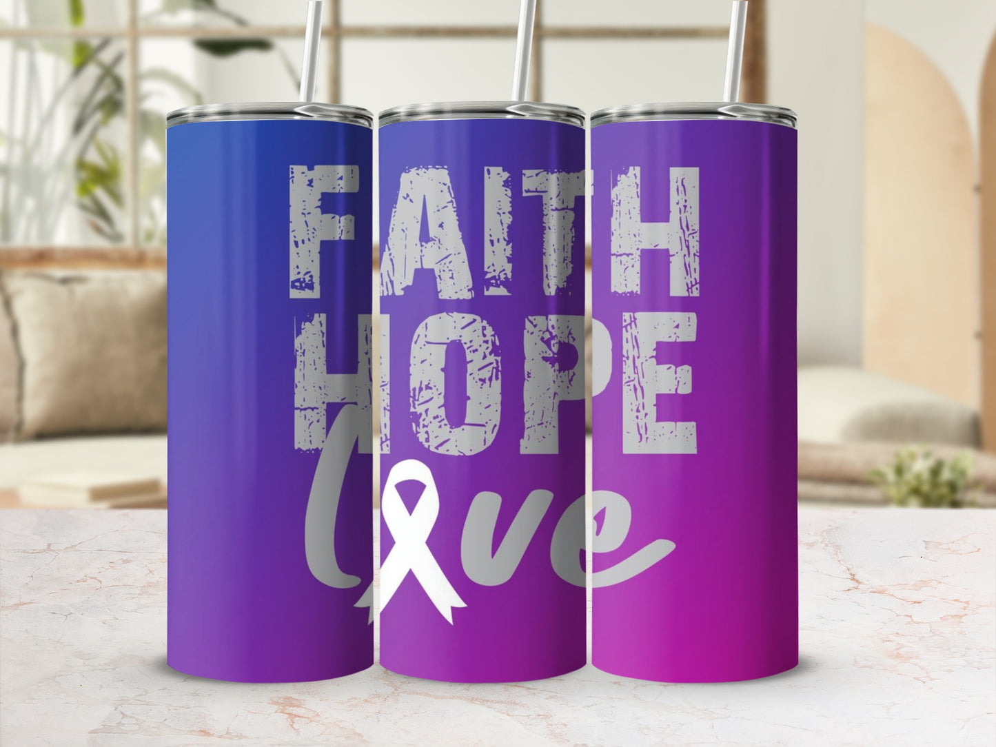 Faith Hope Love Purple Ribbon Tumbler Product