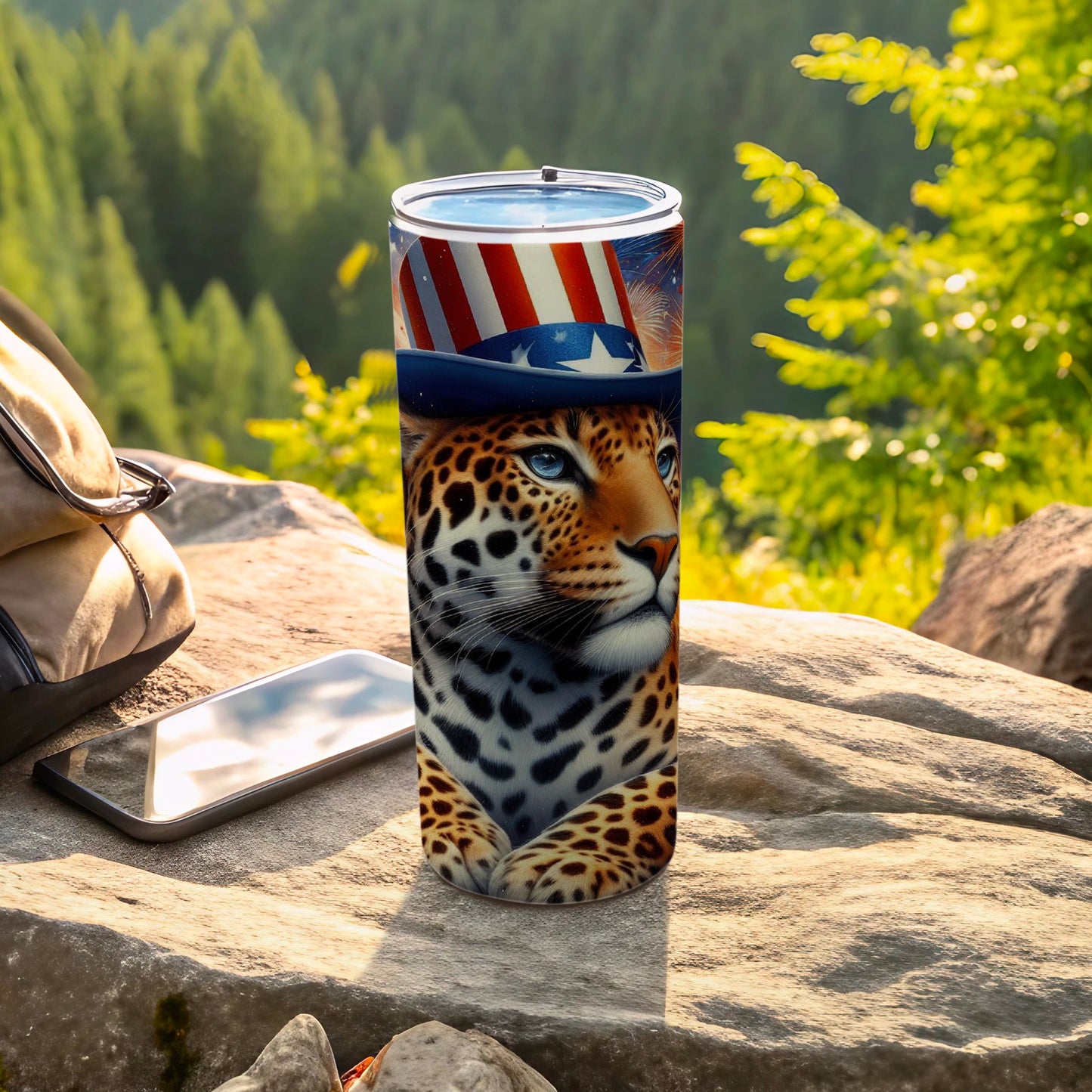 Leopard wearing Uncle Sam hat on tumbler with patriotic stars and stripes.