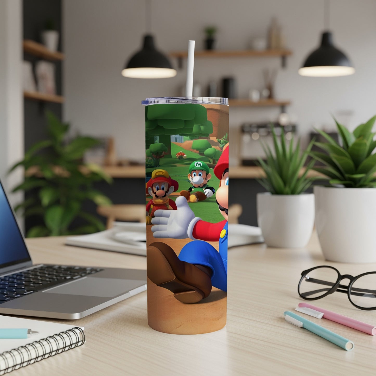 Mario and Toad characters on a brown tumbler with a straw, on a desk.
