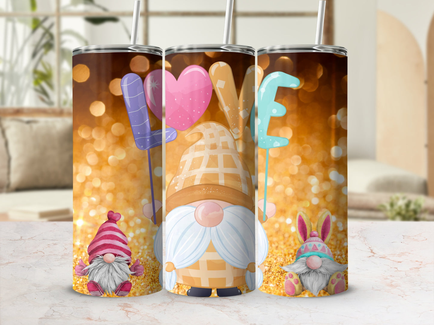 Gnome Love Tumbler with Bunny and Heart Design