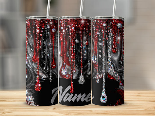 Three tumblers with dripping red glitter and diamond design.