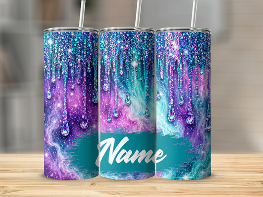 Three tumblers with dripping glitter and gem design, one says "Name".
