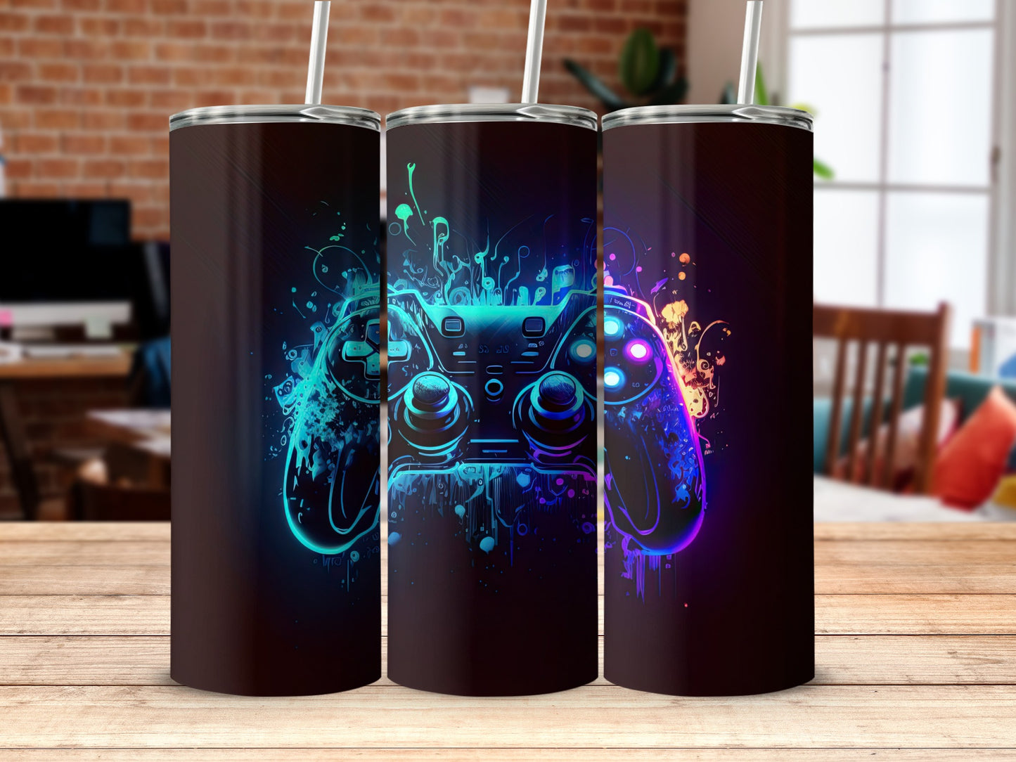 Neon Gaming Controller Splatter Art Tumbler