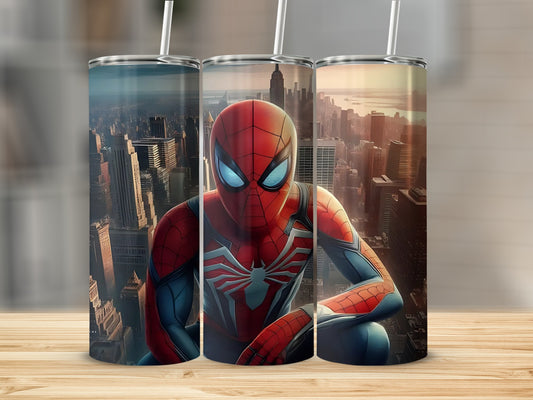 Spider Hero Design Tumbler with Cityscape Background