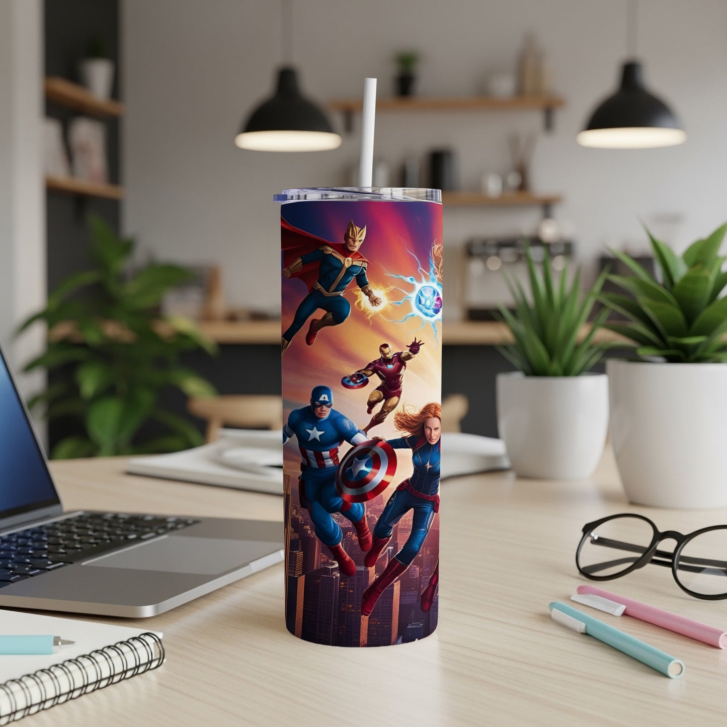 Marvel superheroes Captain America, Iron Man, and Captain Marvel on a cityscape background.