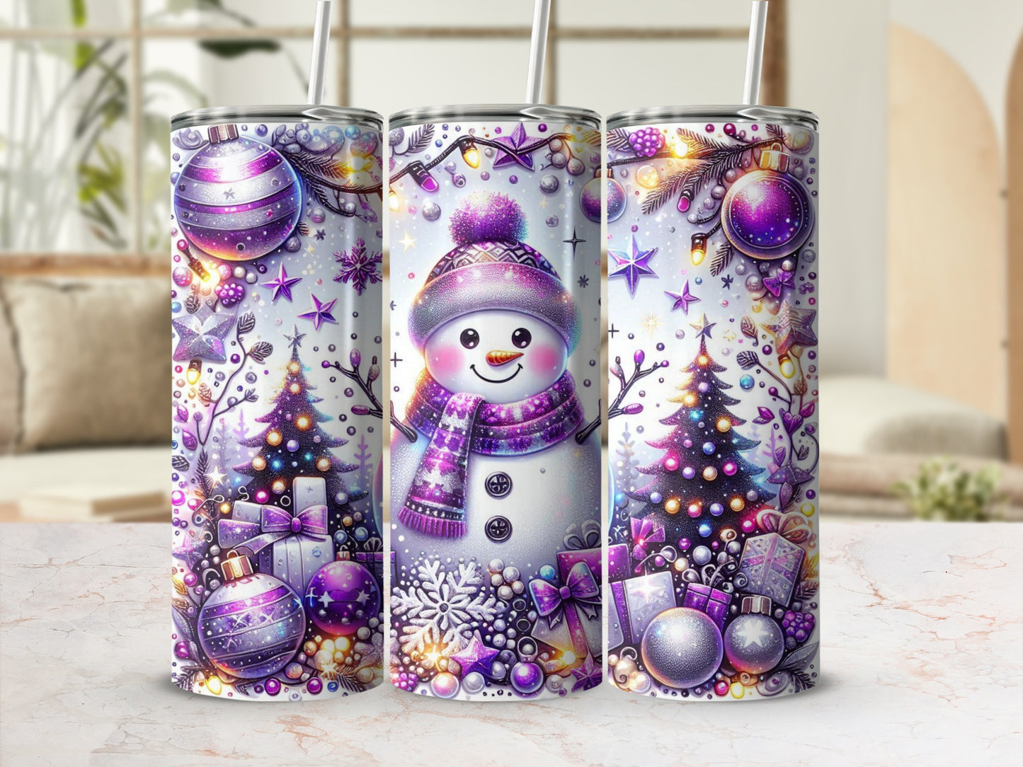 Festive Snowman and Christmas Tree Tumbler Design