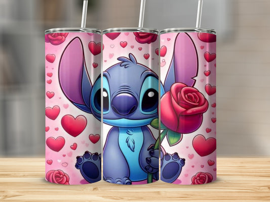 Cute Blue Alien with Hearts and Rose Tumbler Product