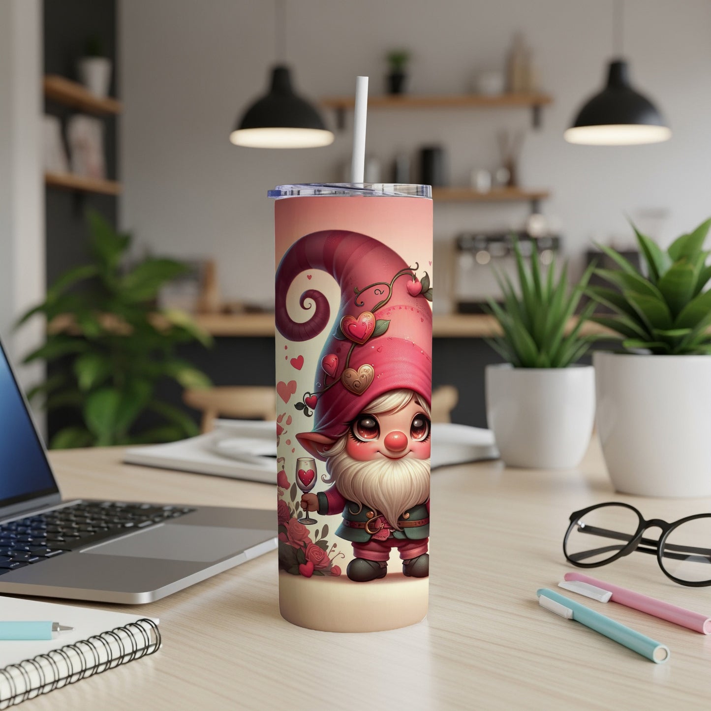 Gnome wearing a heart-themed hat holding a wine glass.