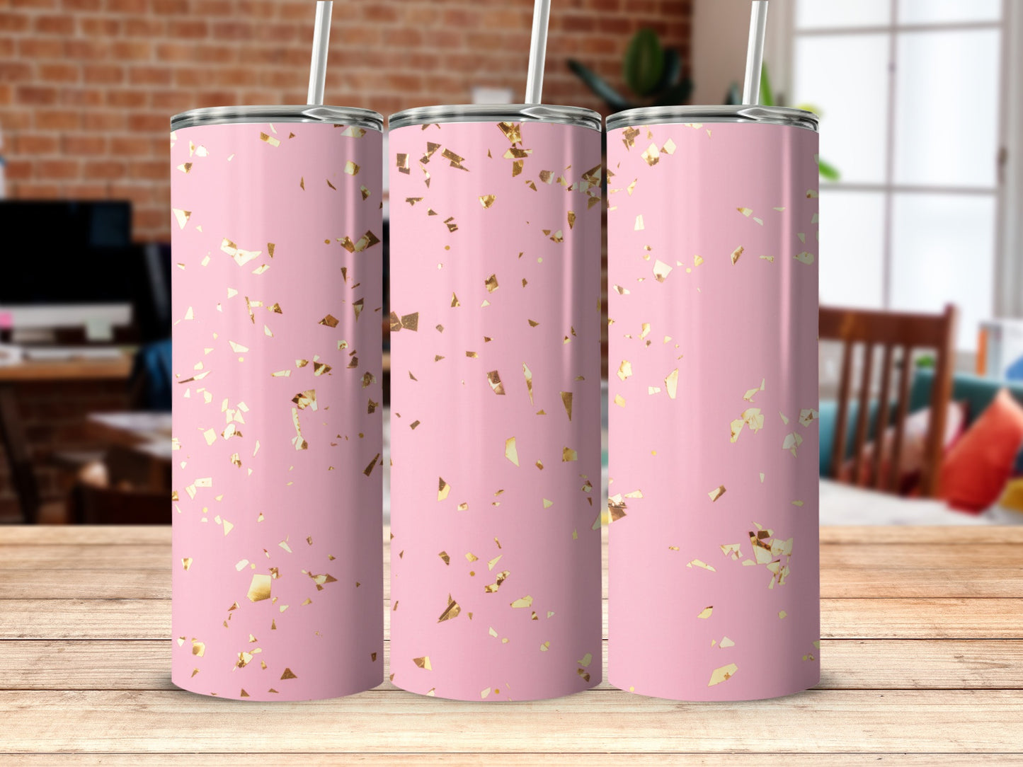 Pink Tumbler with Gold Foil Specks Design