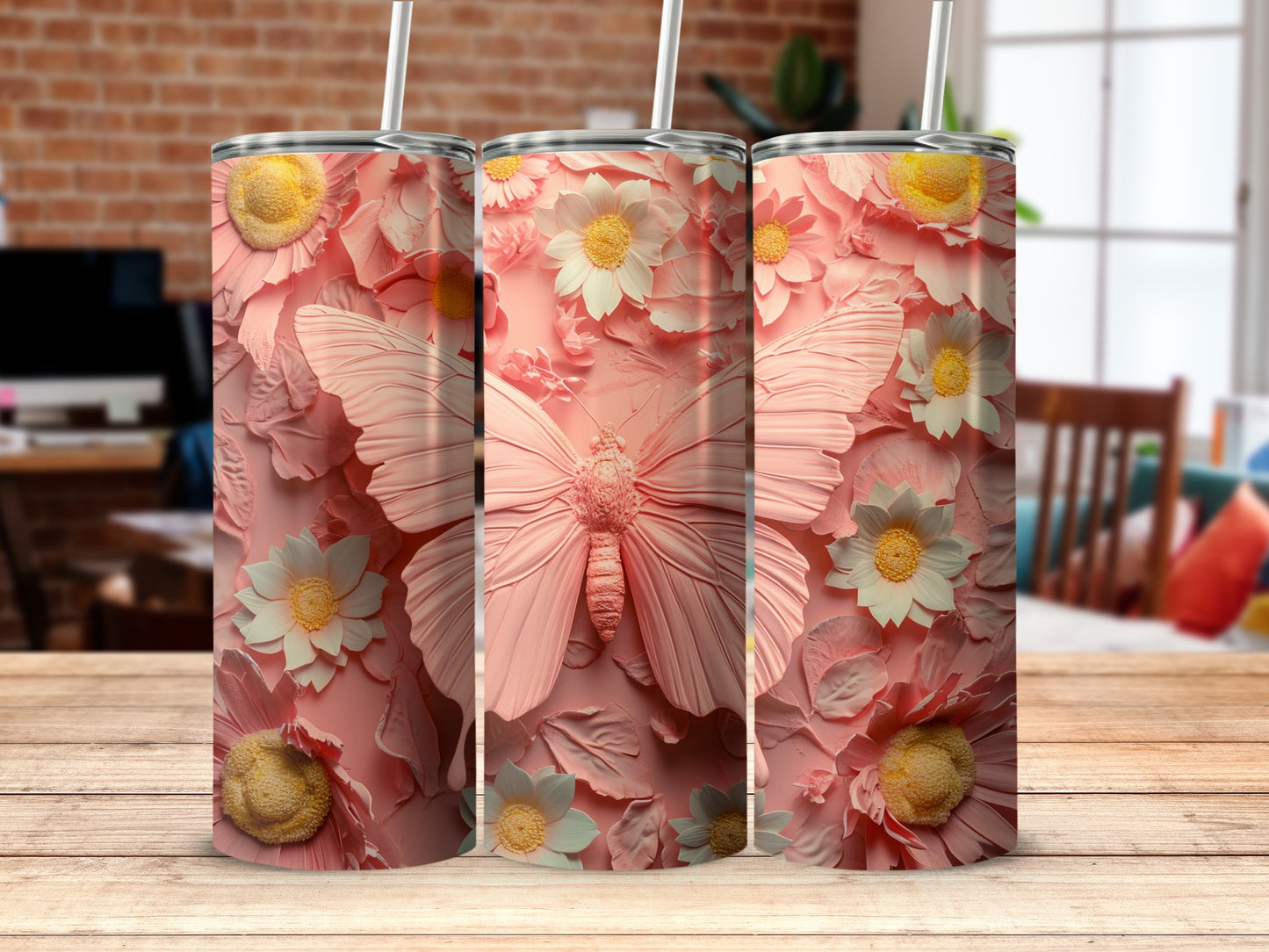 Pink Embossed Butterfly Floral Design Tumbler product type