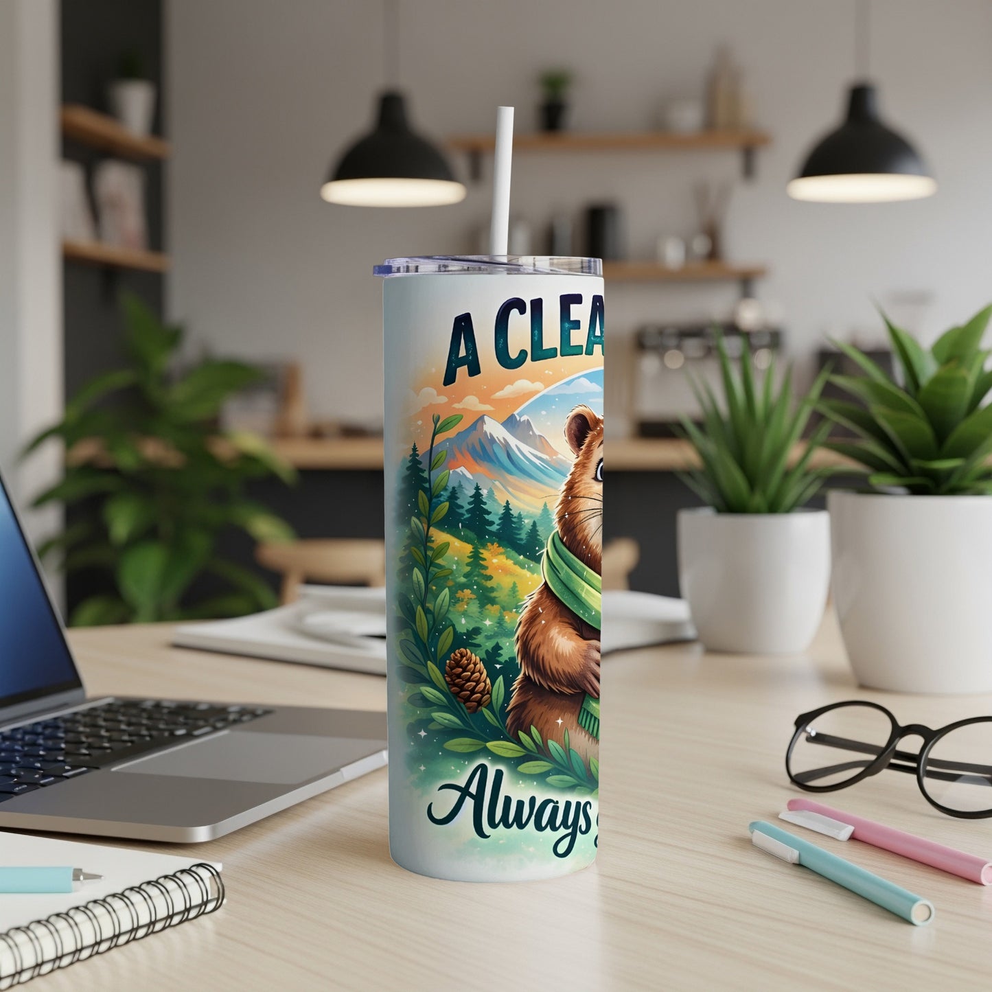 Brown bear in scarf on tumbler with "Always" text.
