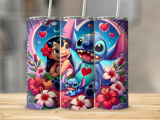 Cute Lilo and Stitch Floral Design Tumbler Cup