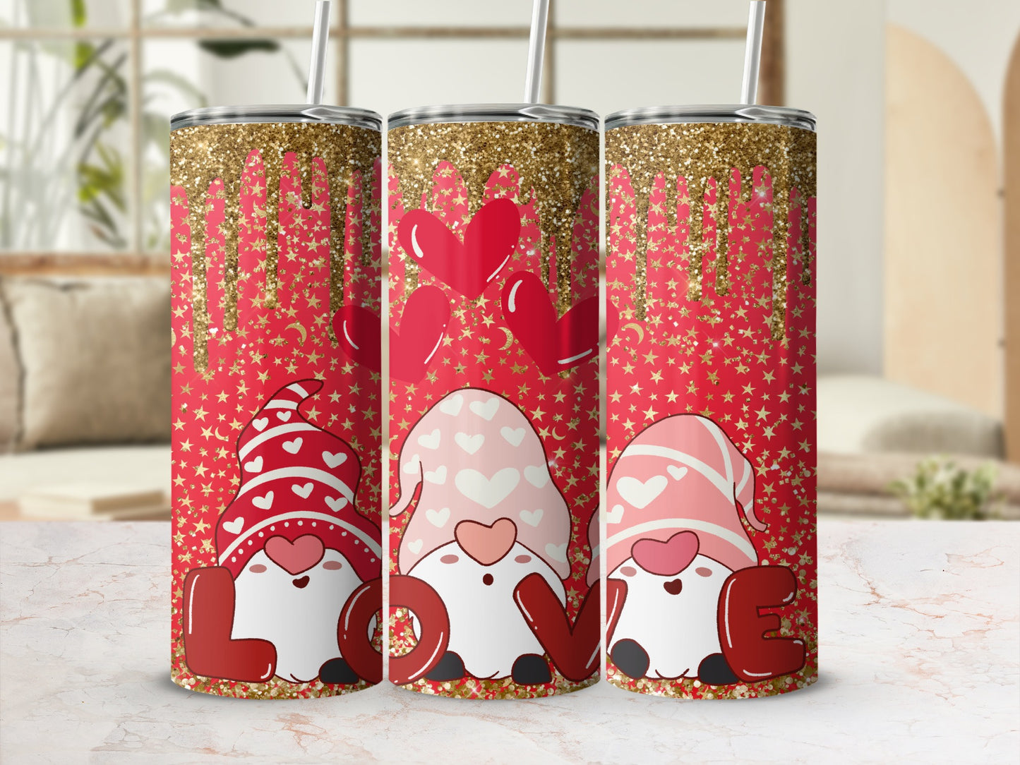 Red Glitter Love Gnomes Valentines Day Travel Tumbler