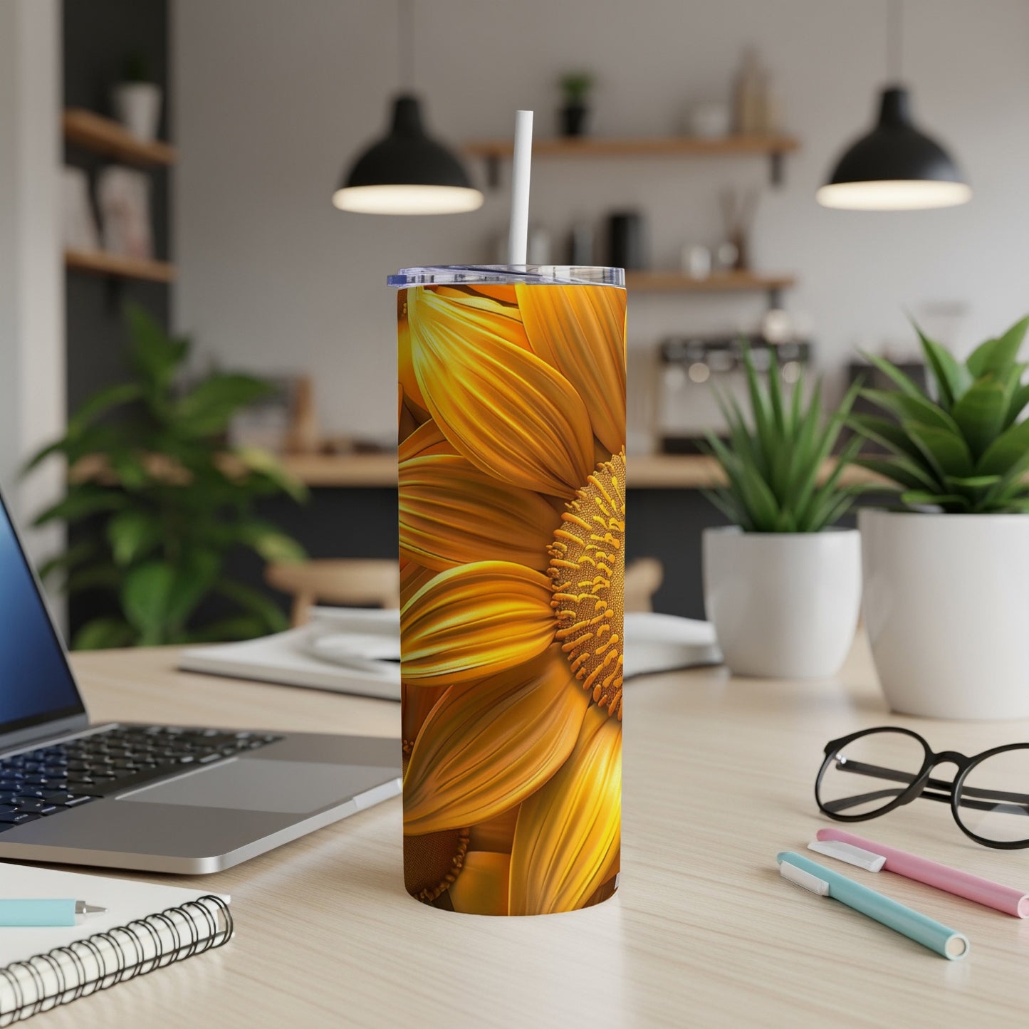 Tumbler with a close-up, vibrant orange sunflower design.