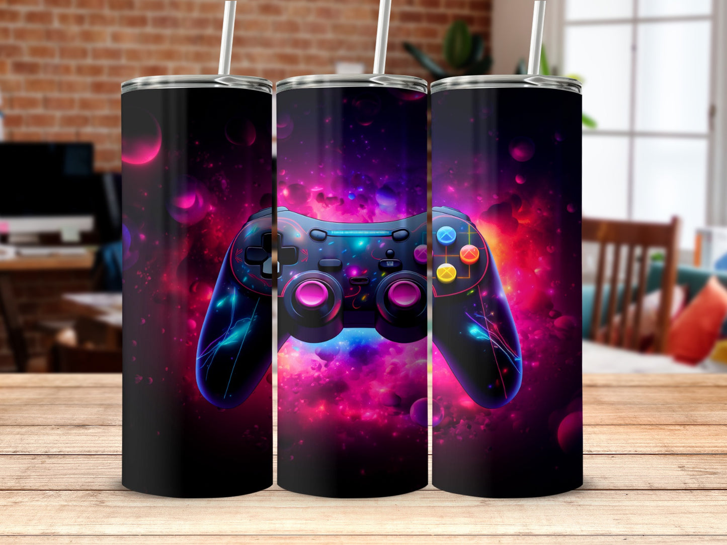 Neon Galaxy Gamer Console Design Tumbler