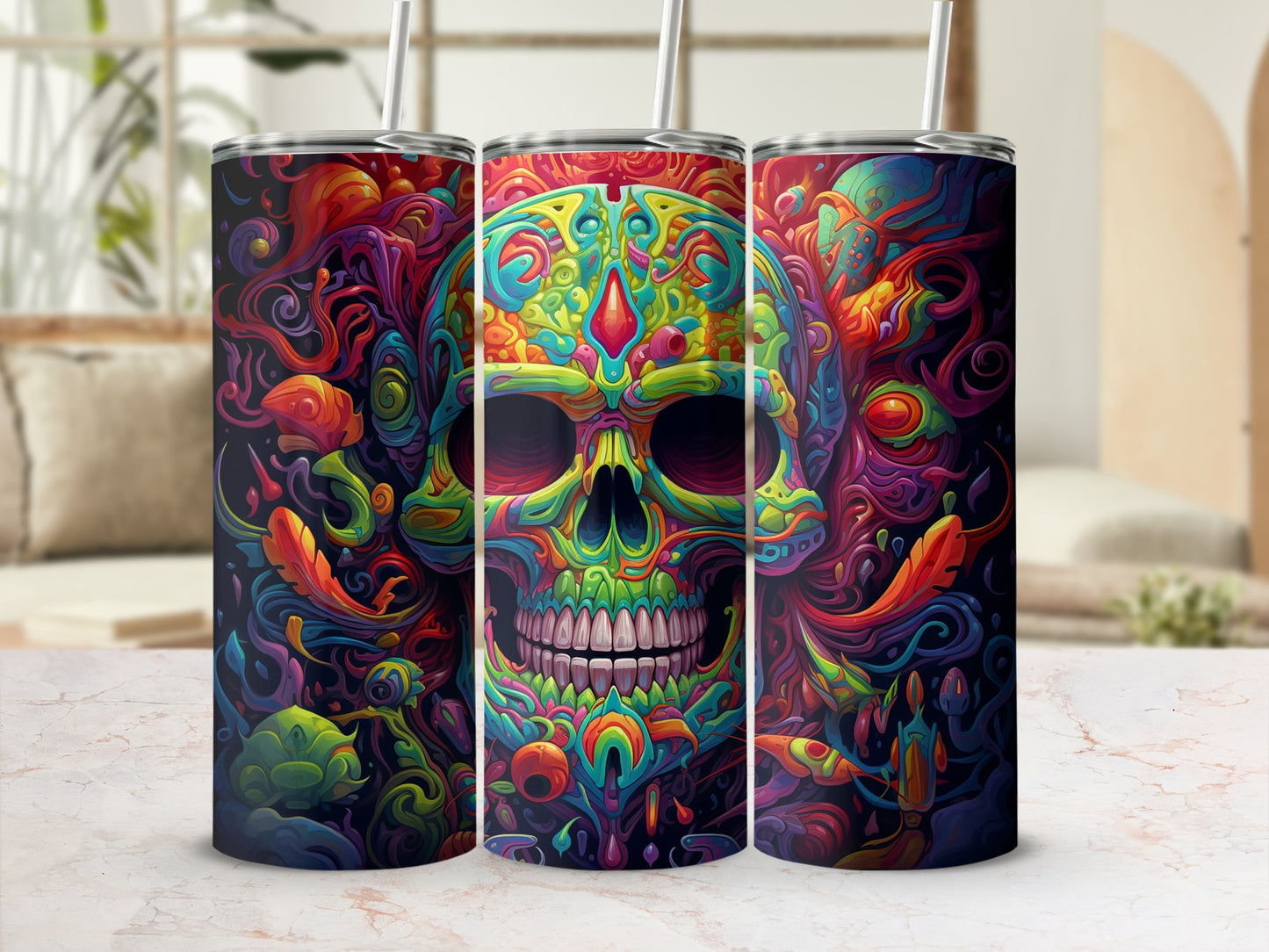 Colorful Psychedelic Skull Design Tumbler Cup