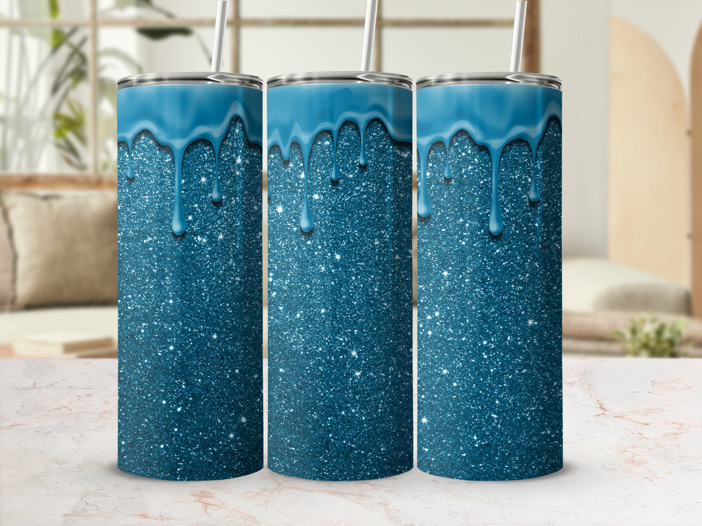 Blue Glitter Dripping Tumblers Stylish Design