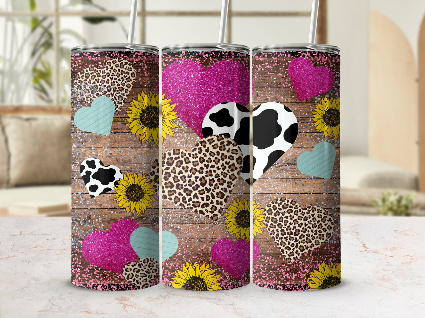 Colorful Hearts and Sunflowers Tumbler