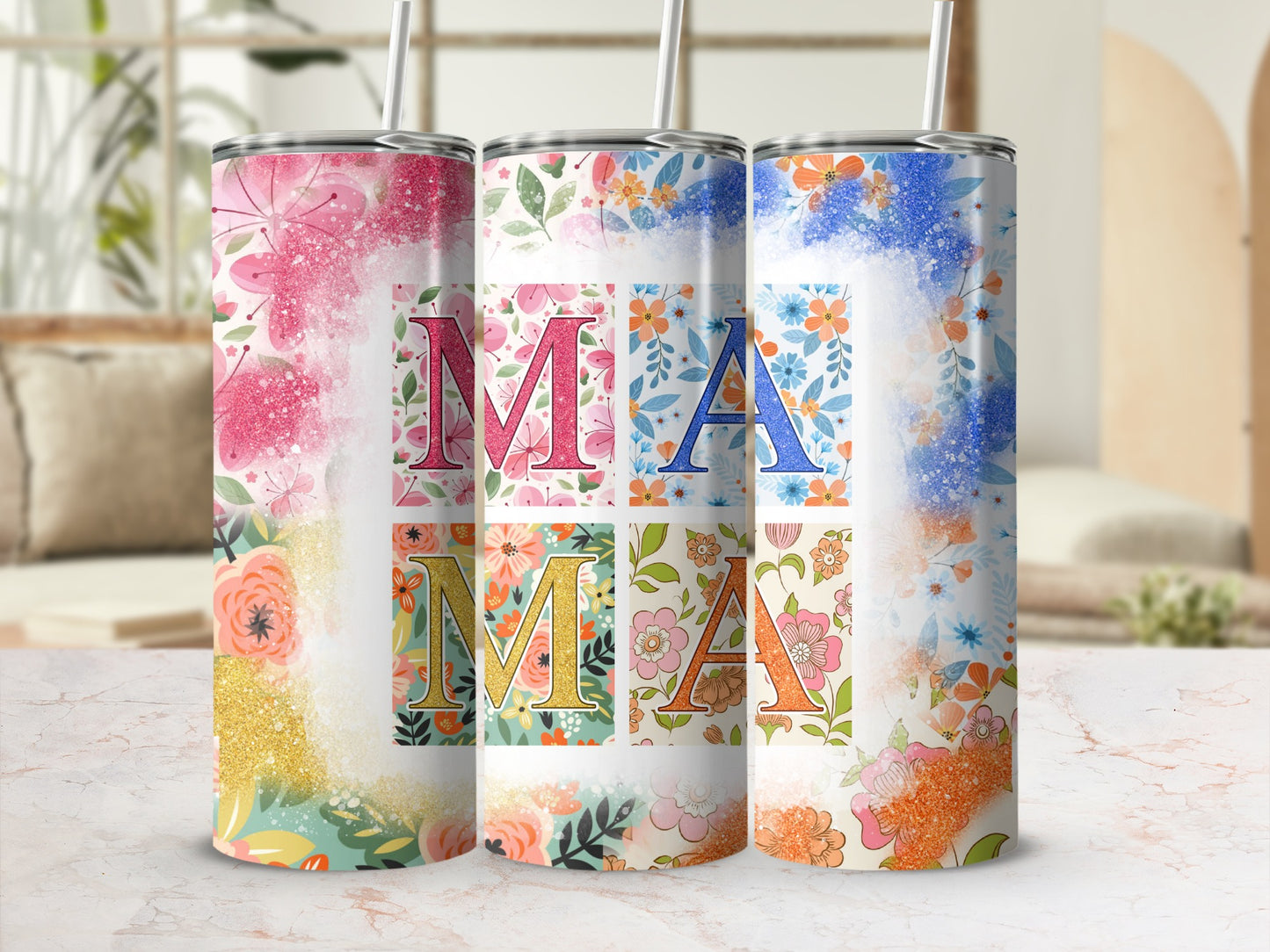 Colorful Floral Mama Design Tumbler with Straw