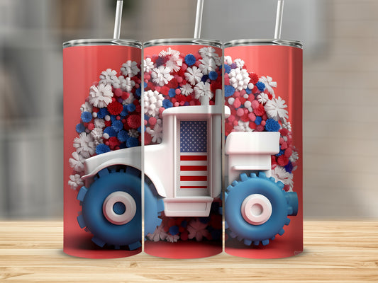 White tractor with American flag on red floral background on three tumblers.