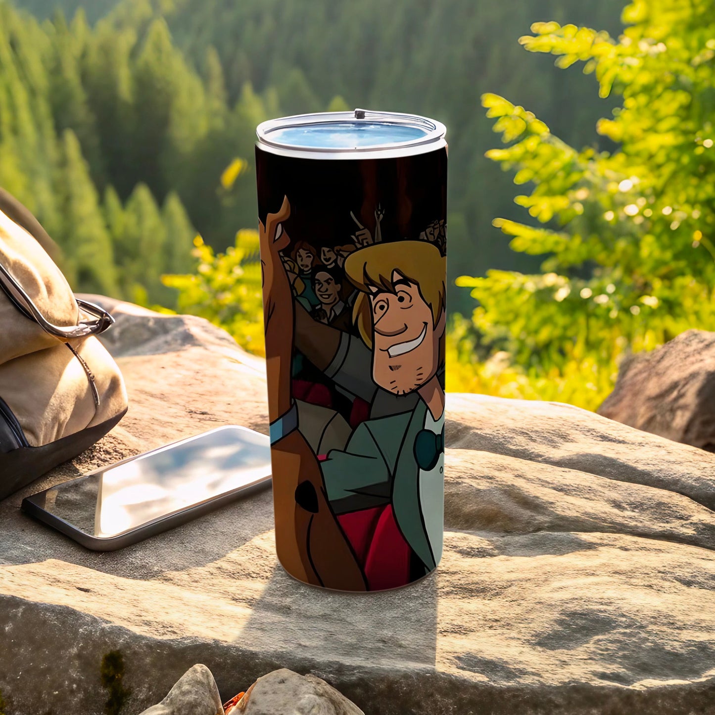 Scooby-Doo and Shaggy in tuxedo celebrating in a crowd on a tumbler.