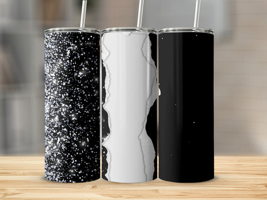 Three tumblers with glitter, ripped paper, and solid black designs.