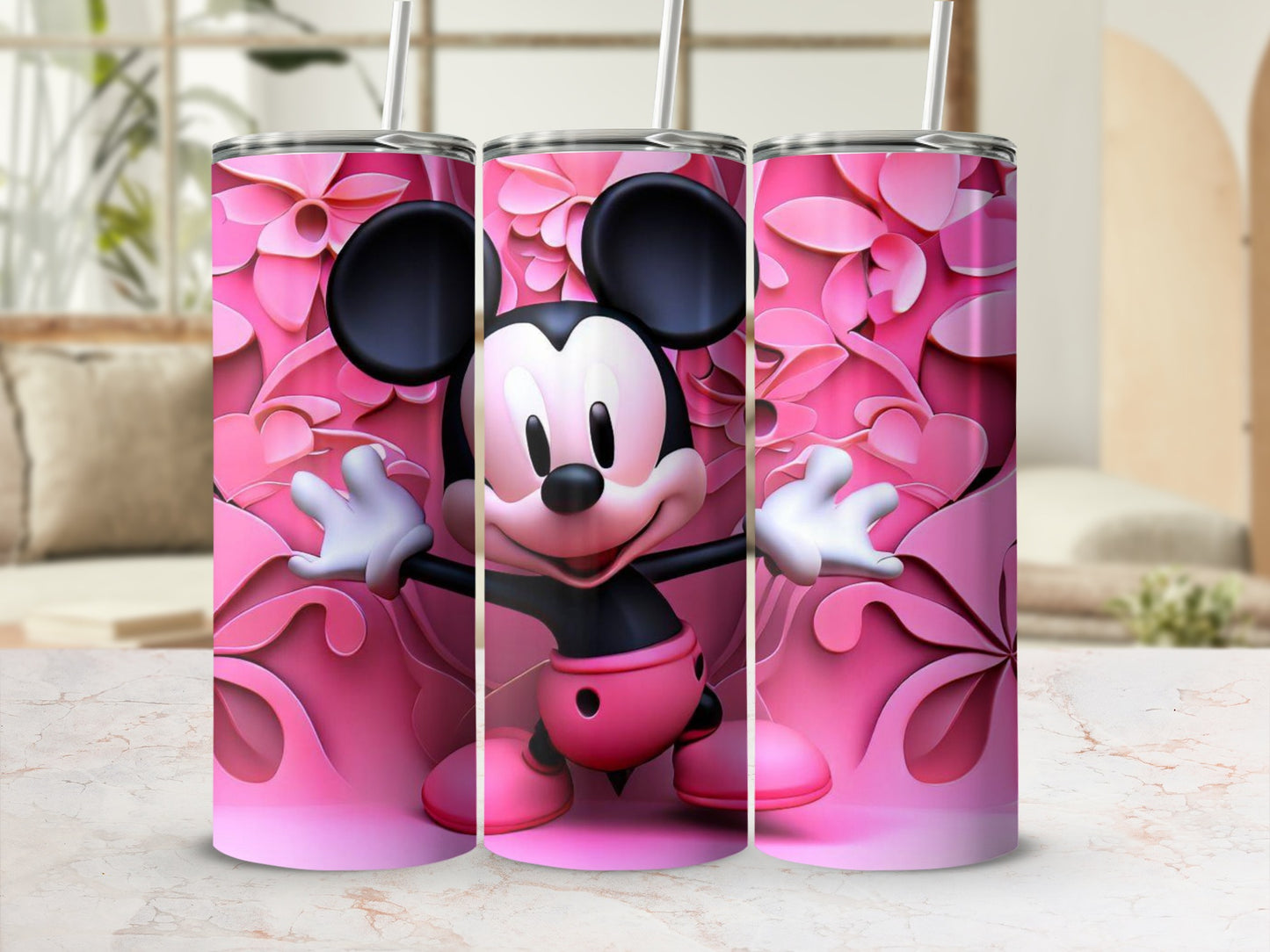 Pink Floral Mickey Mouse Tumbler for Kids and Adults