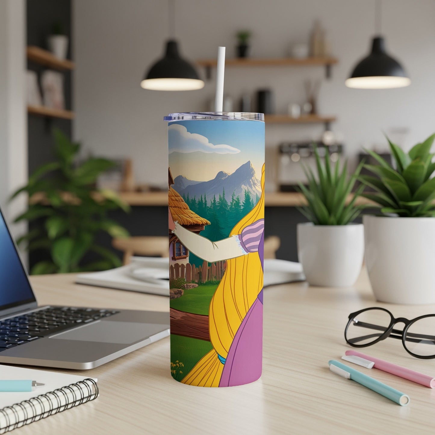 Rapunzel on a tall tumbler with a castle in the background.