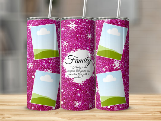Three tumblers with pink glitter, snowflakes, and image placeholders with quote.