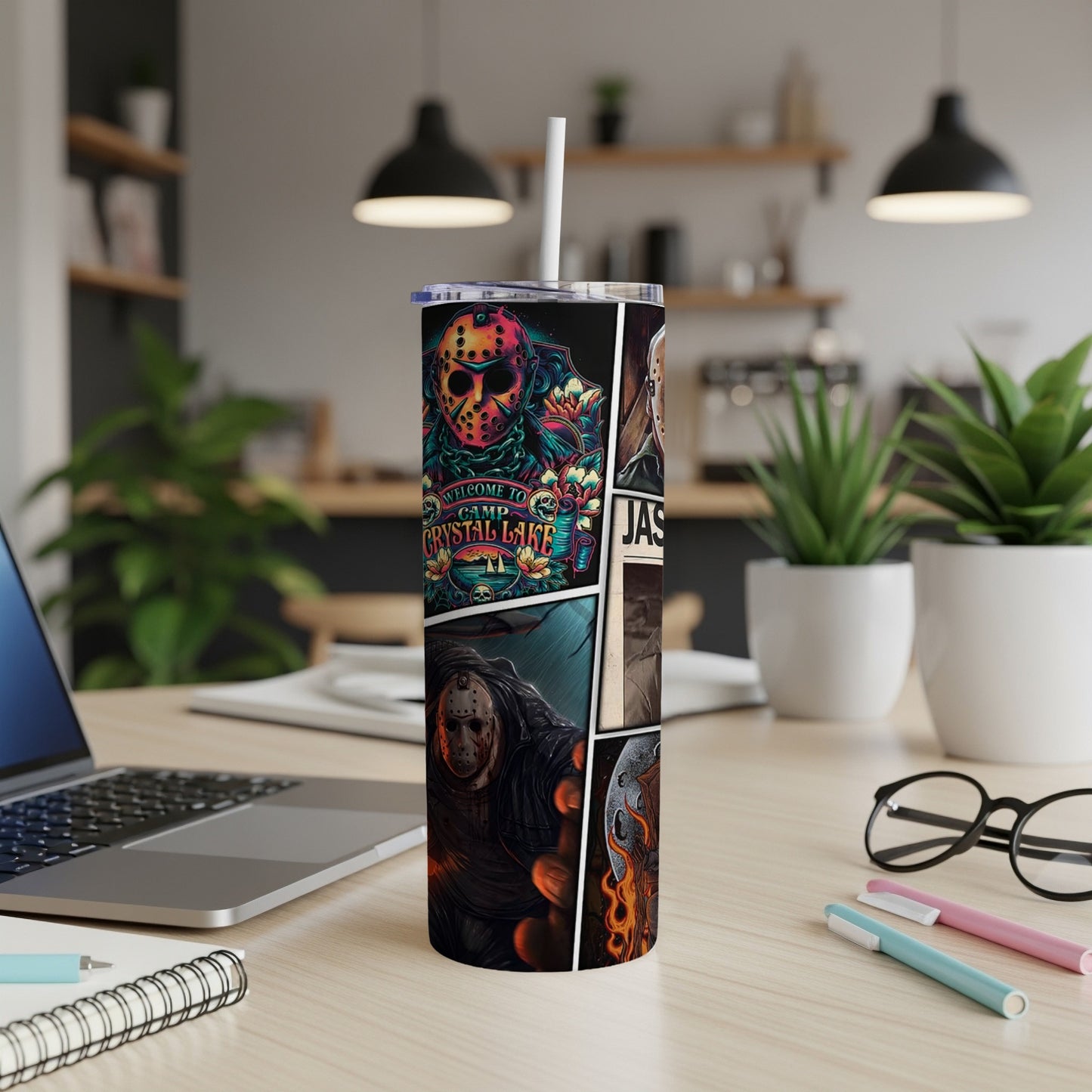 Tumbler with collage of Friday the 13th movie posters and Jason Voorhees.