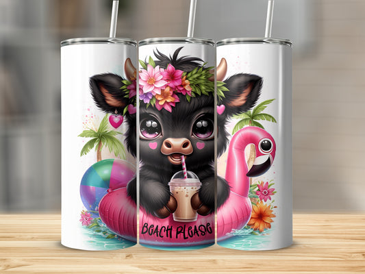 Cute cow in flower crown on inflatable flamingo with "Beach Please" text.