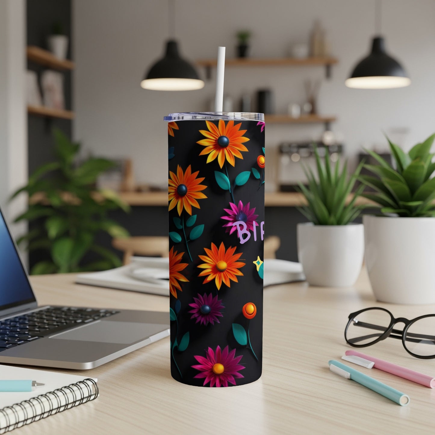 Black tumbler with colorful floral pattern and "BFF" text.