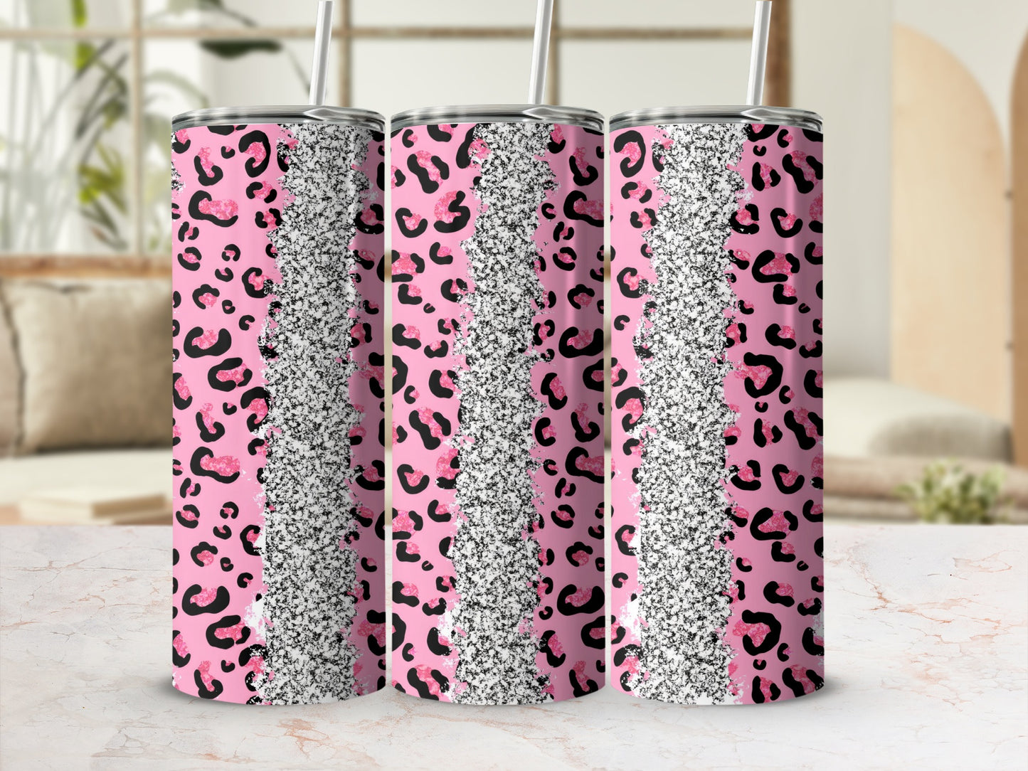 Pink Leopard Print and Silver Glitter Design Tumbler