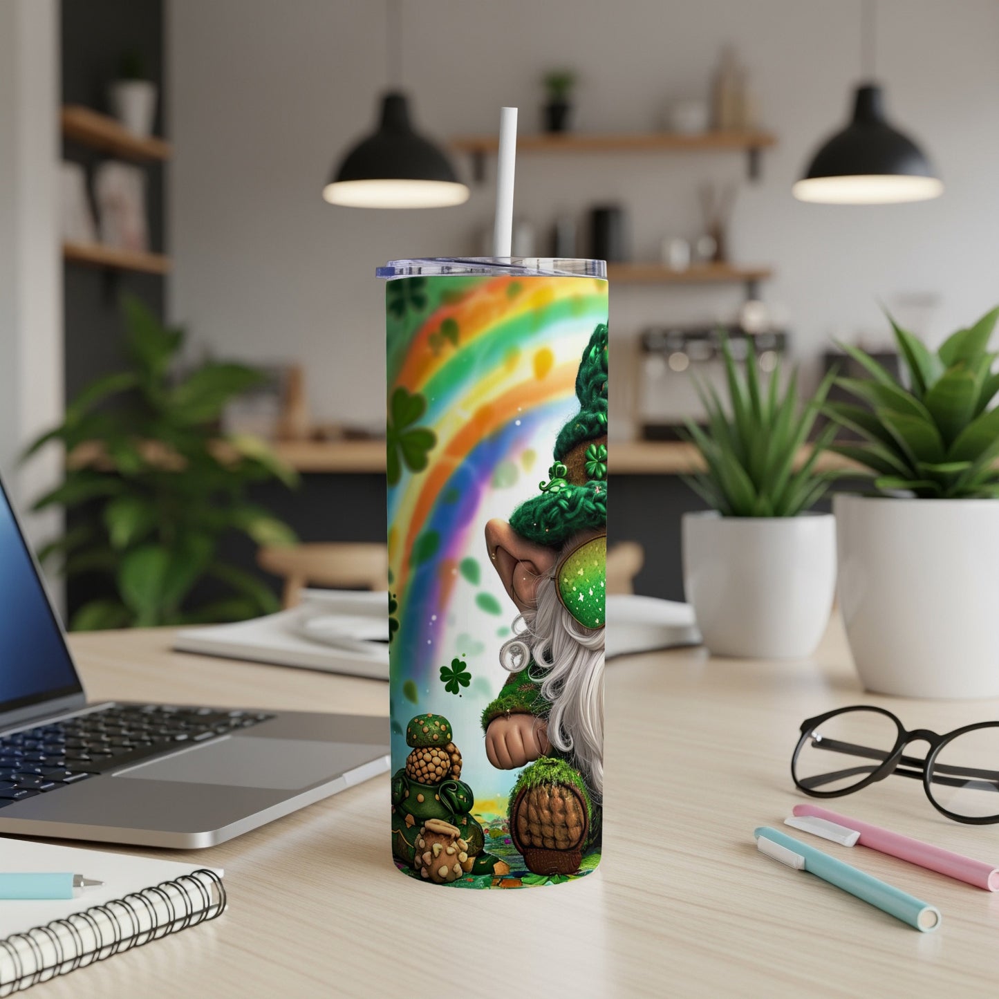 Leprechaun tumbler with rainbow, shamrocks, and gold coins.