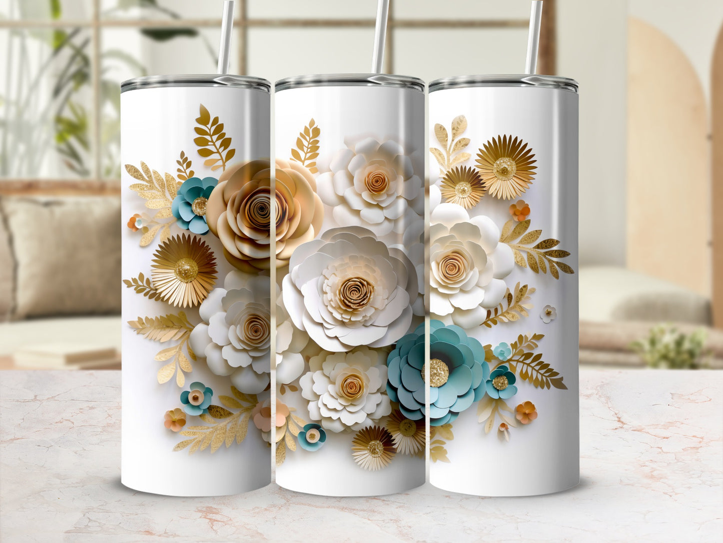 Floral Patterned Tumbler with Gold Accents Design