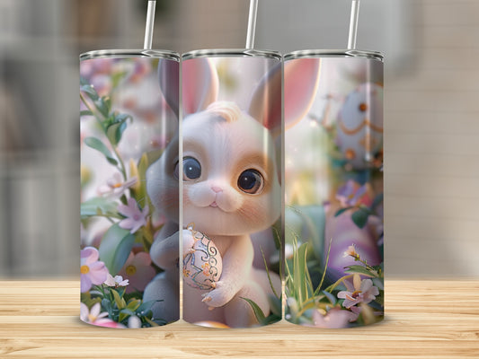 Cute bunny holding an Easter egg with flowers and greenery.