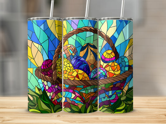 Easter basket overflowing with colorful stained glass Easter eggs on a wooden surface.