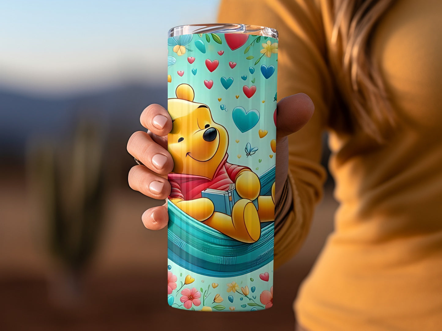 Winnie The Pooh in Hammock Surrounded By Hearts Flowers Tumblers