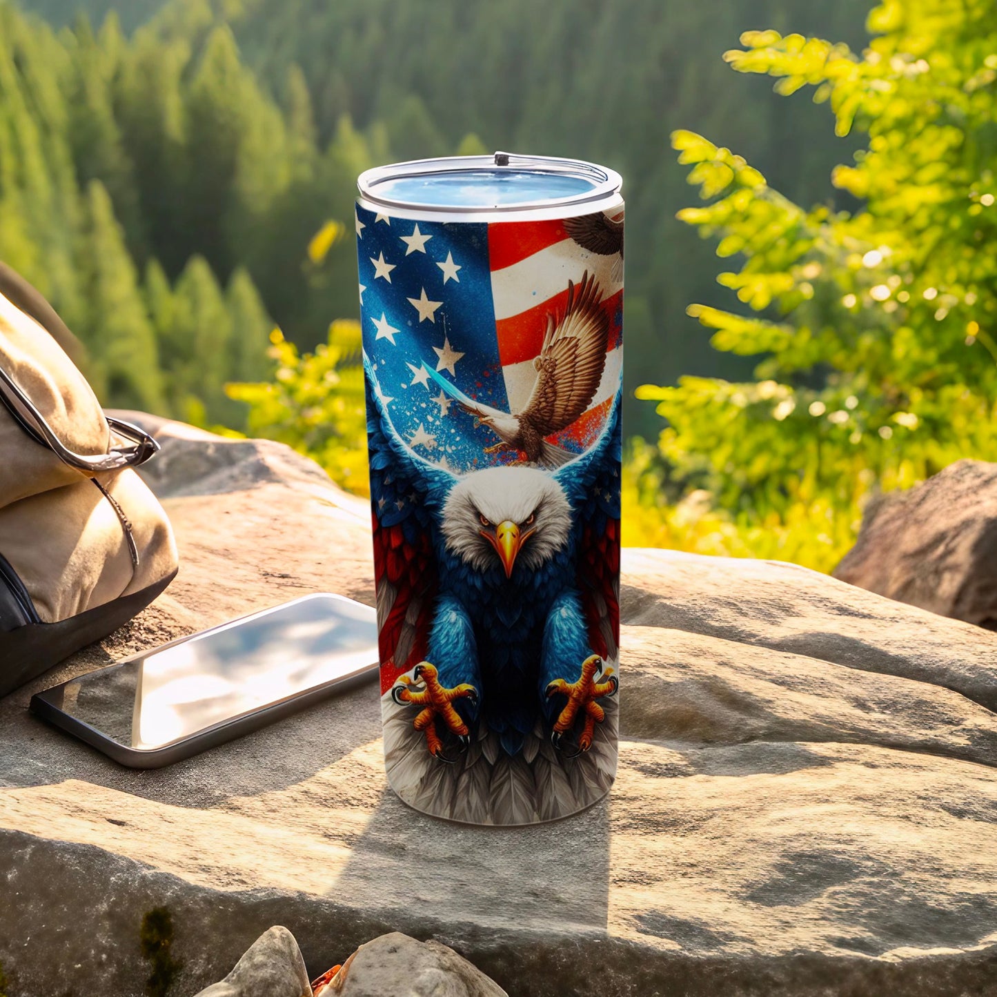 Eagle with American flag design on a stainless steel tumbler.