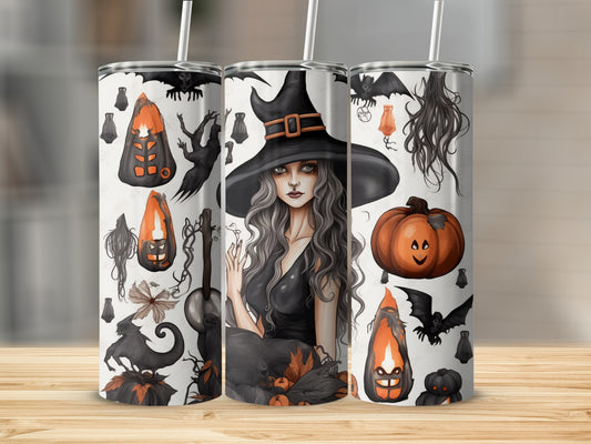 Three tumblers decorated with Halloween motifs including a witch and pumpkins.
