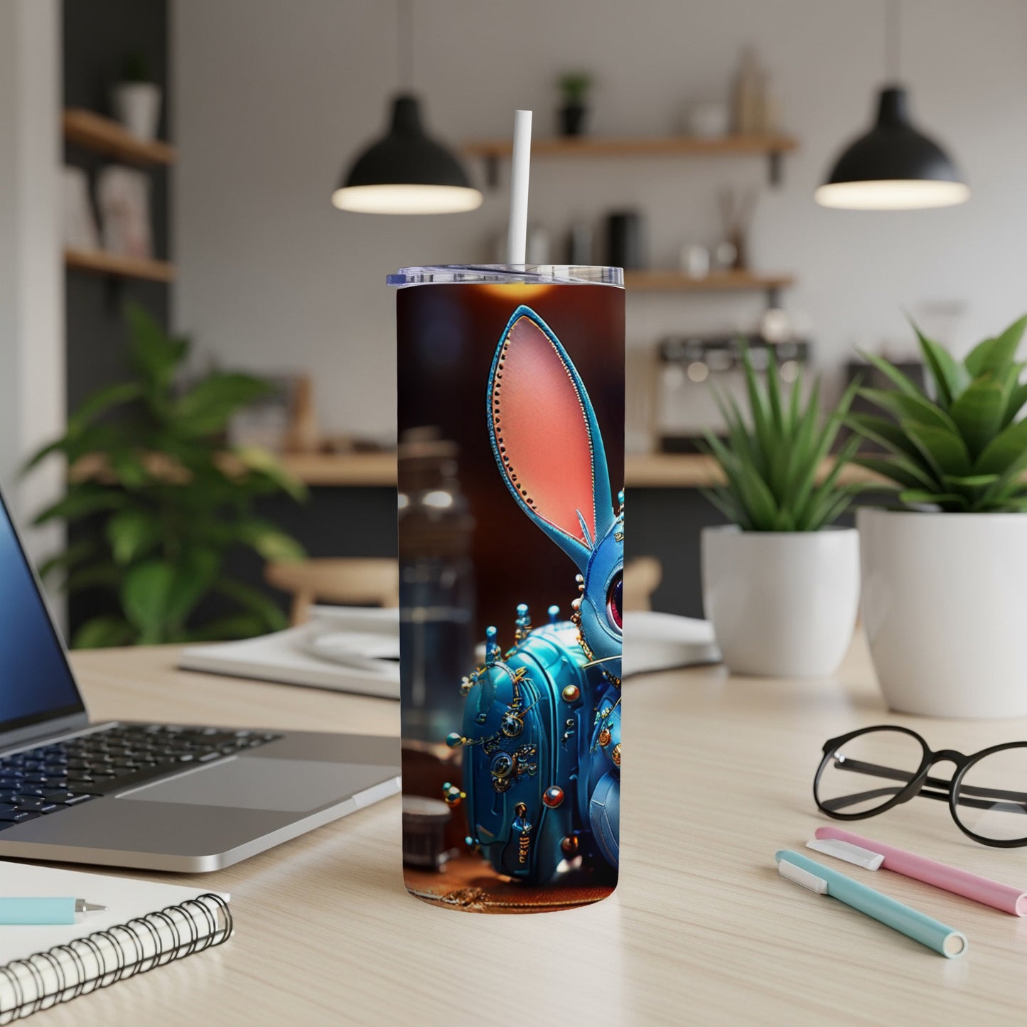Blue character with large ears on a decorated tumbler with a straw.